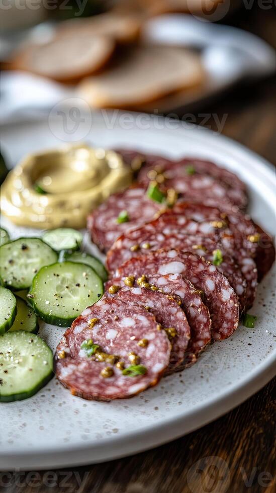 Sliced Sausage and Cucumber Appetizer Delightful Plate photo