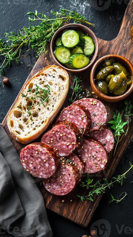 Sliced Sausage, Fresh Bread, Cucumbers, and Pickles A Culinary Delight photo