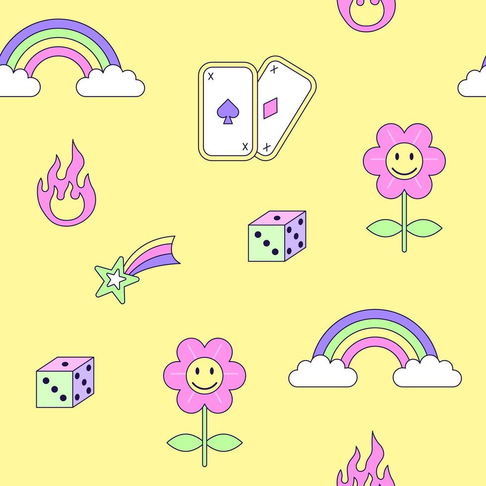 Seamless pattern with vintage flower and rainbow in style of 90s. Multicolored elements on yellow background. Retro illustration with outline in 90s style. illustration. vector