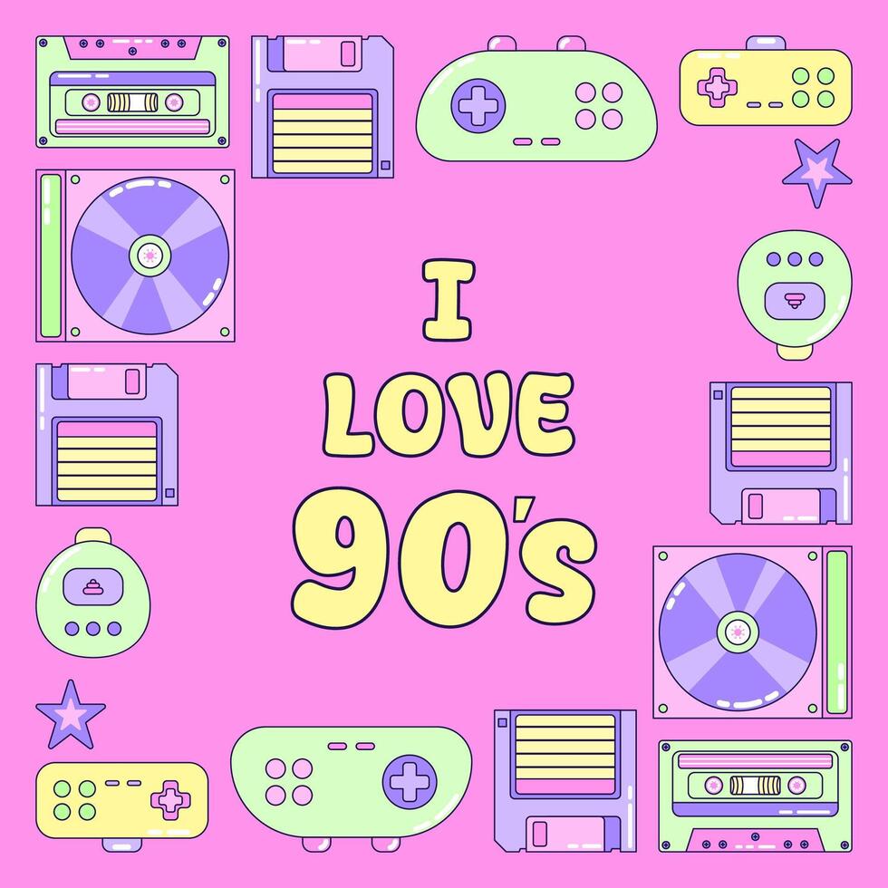 Square Frame Game and Music. Multicolored elements on pink background. Retro illustration with outline in 90s style. Isolated illustration. vector