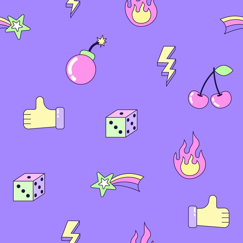 Seamless pattern with vintage flower and rainbow in style of 90s. Multicolored elements on purple background. Retro illustration with outline in 90s style. illustration. vector