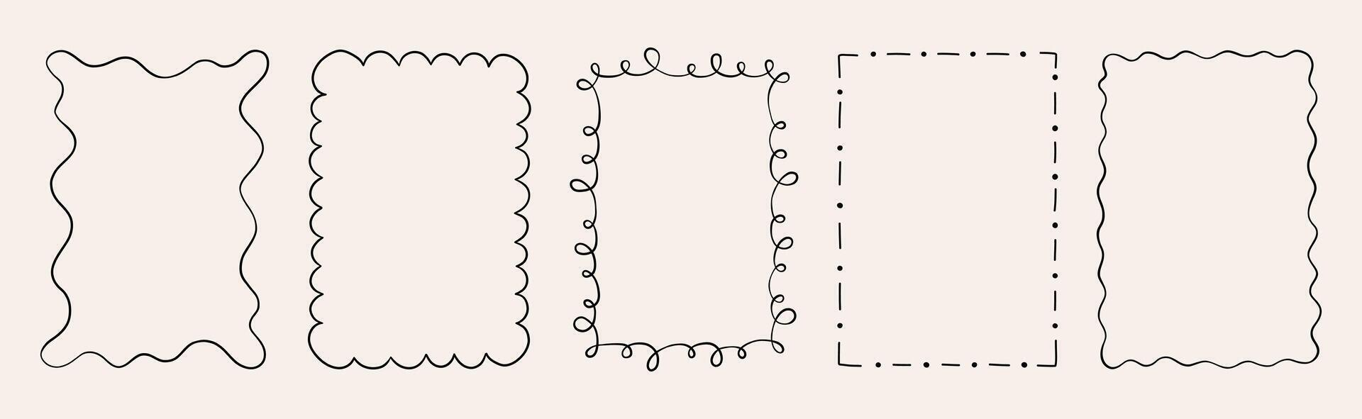 Set of decorative hand drawn doodle rectangle frames. Simple and elegant outlines featuring wavy, curly, and dashed lines. Perfect for designing cards, invitations, and creative projects. vector