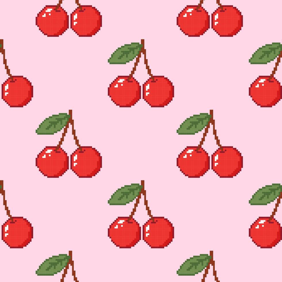 Seamless pattern with cherries and leaves on a pink background. Hand drawn illustration in pixel style for wrapping paper, textile, fabric. vector