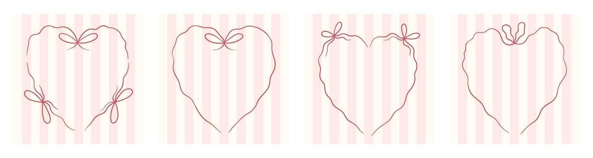 Set of elegant heart frame border with bow and ribbons. Love girlhood design. Hand drawn coquette aesthetic templates for Valentines day, wedding, social network, poster, cover, packaging, postcard vector