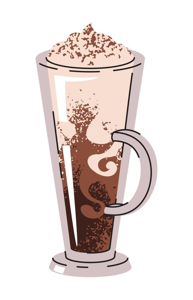 Hot coffee beverage with milk foam and chocolate. Espresso, cup of americano, cappuccino and latte in glasses. illustration of blended coffee for logo, advertising, sticker, icon. Flat illustration vector