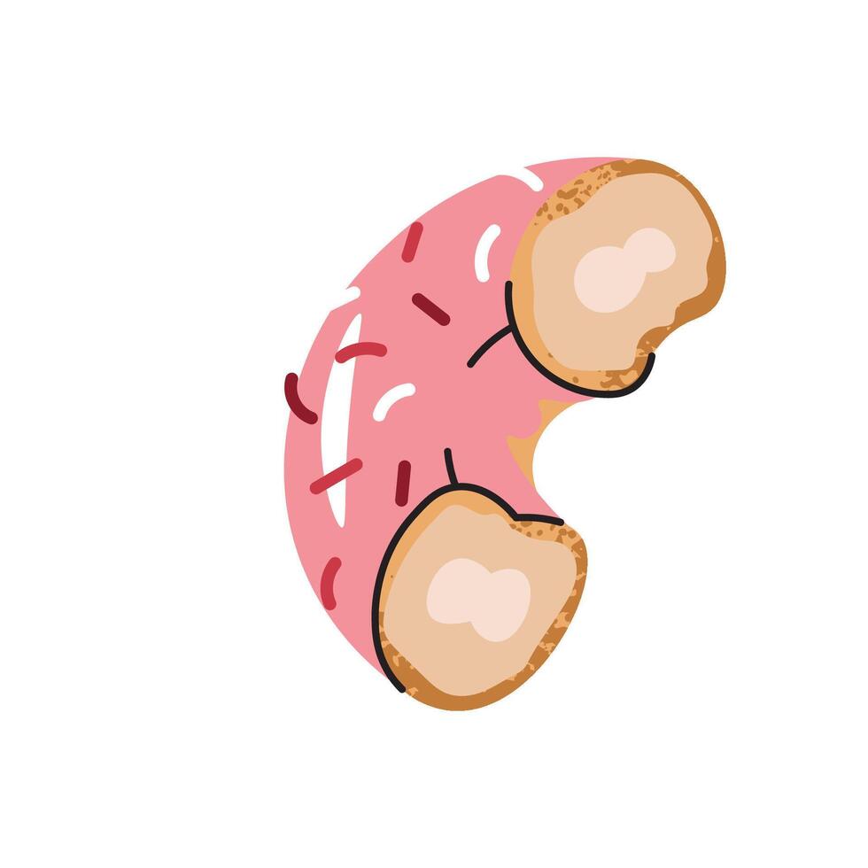 Sweet Sweet bitten donut donut, doughnut ring with strawberry icing and candy sprinkles. Flat cartoon illustration isolated on white background vector