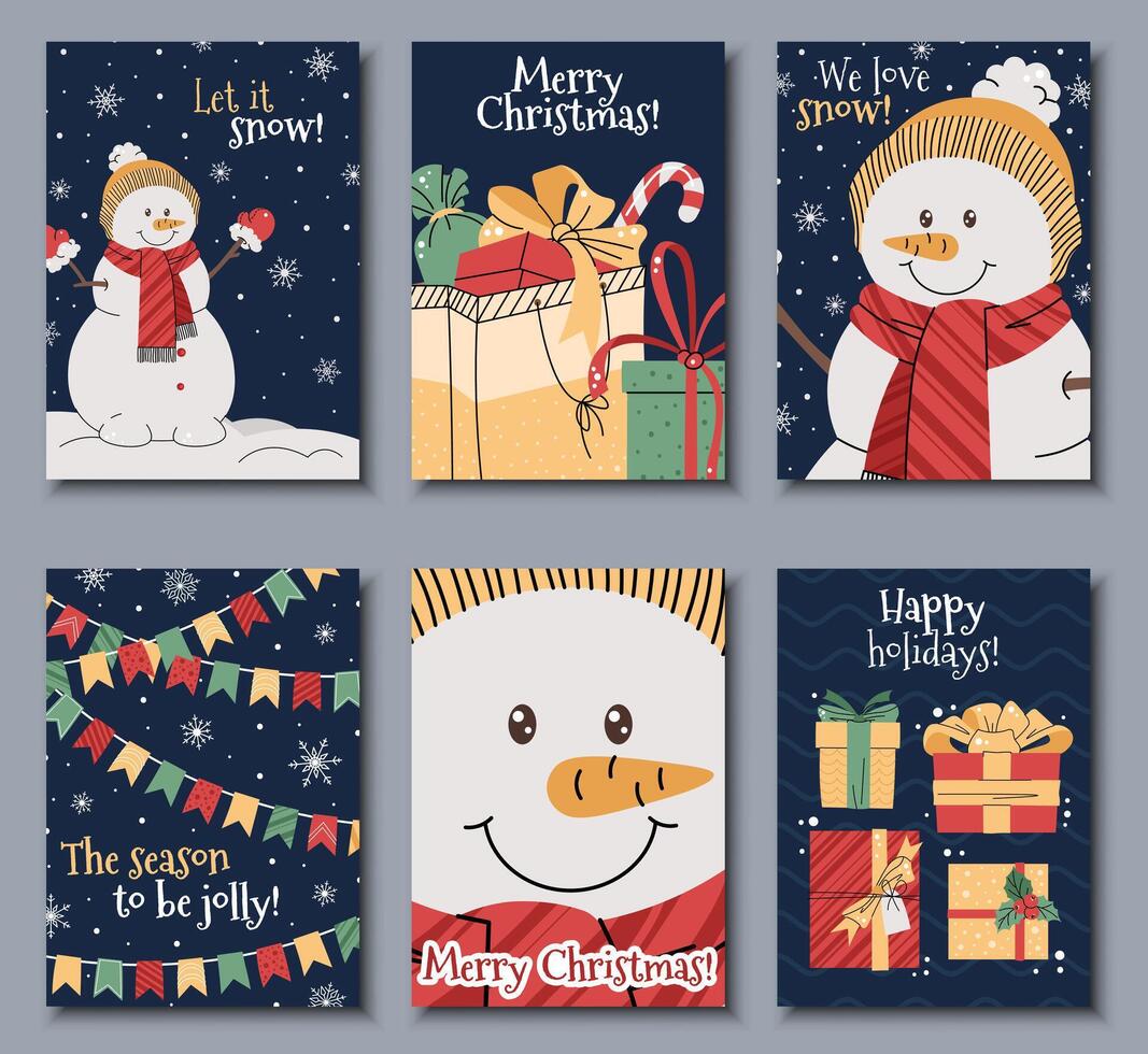 Set of Christmas greeting cards with a snowman in a hat and scarf on a blue background with snowflakes in a cartoon flat style. illustration vector