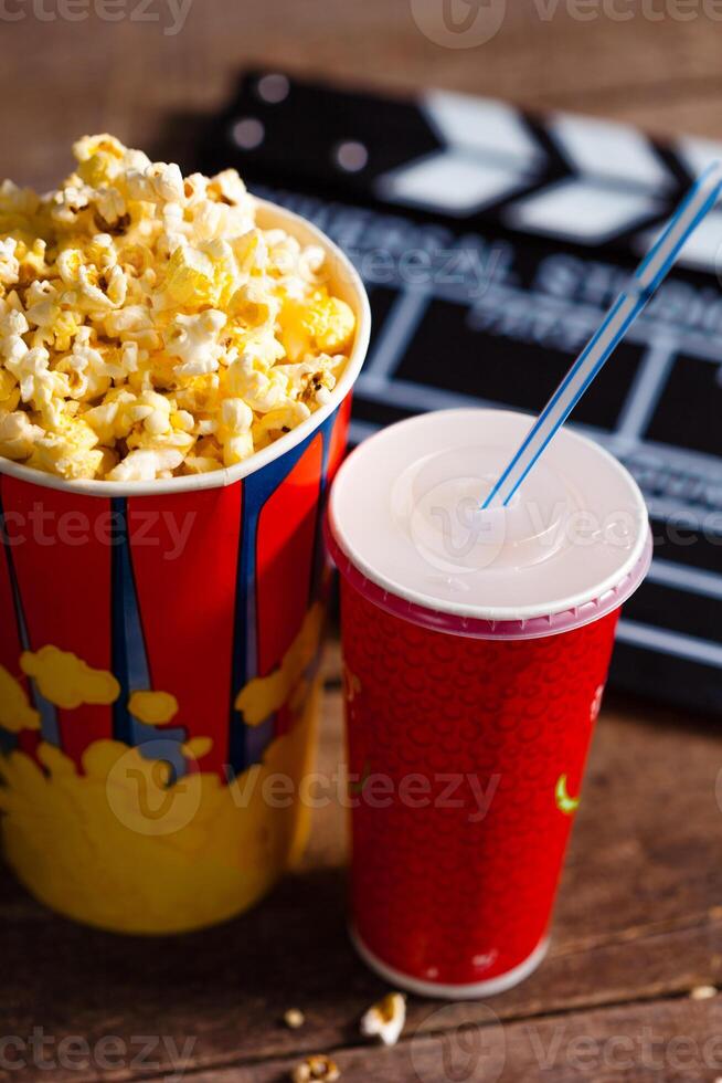 Popcorn bowl and drink photo