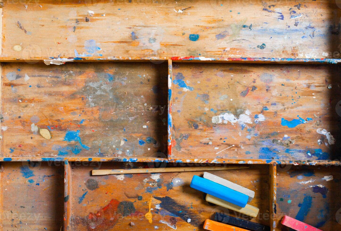 Partitioned wooden shelf photo