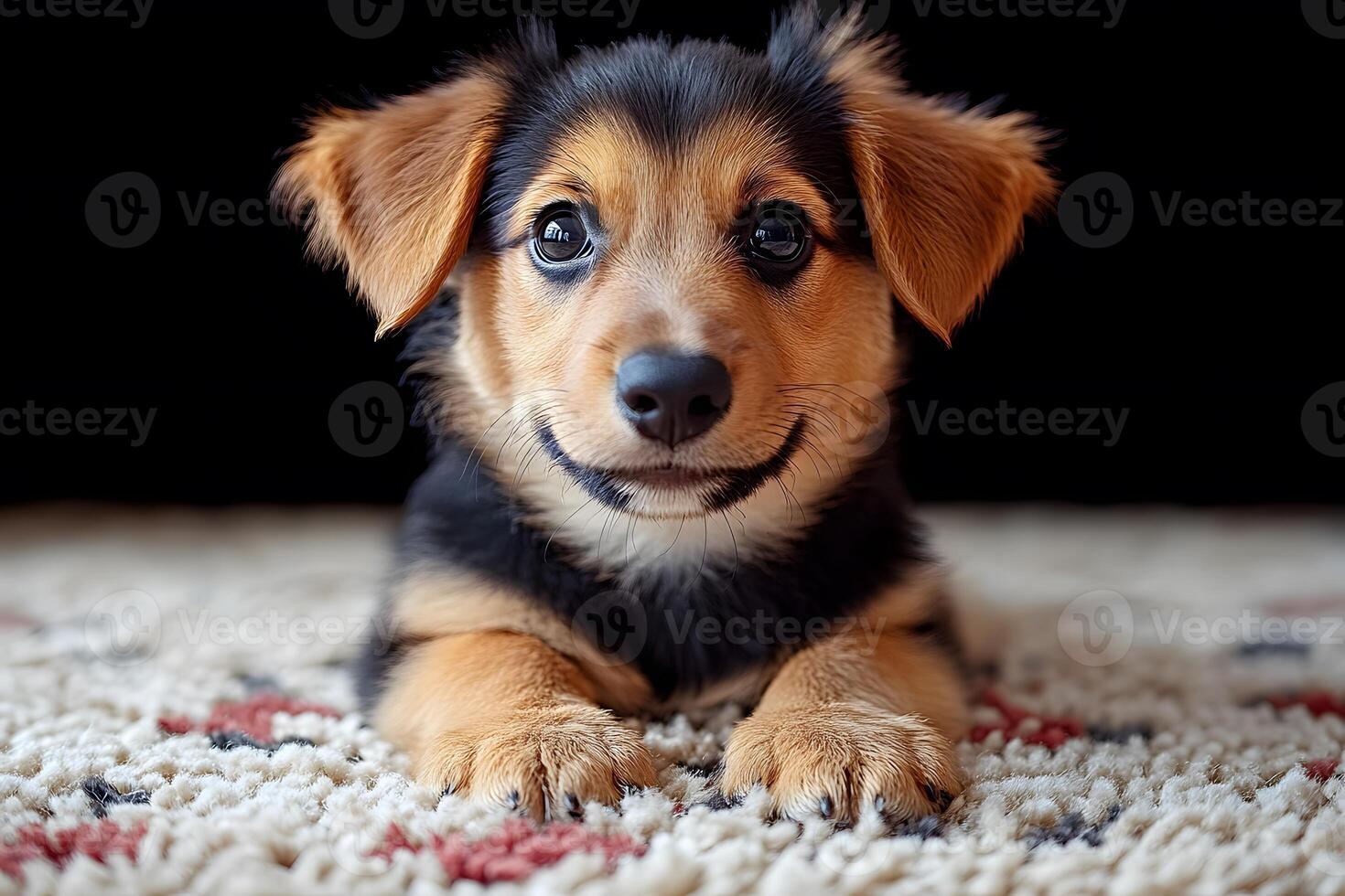 Adorable Puppy Resting on Fluffy Carpet - Perfect for Pet Lovers and Home Decor Design photo