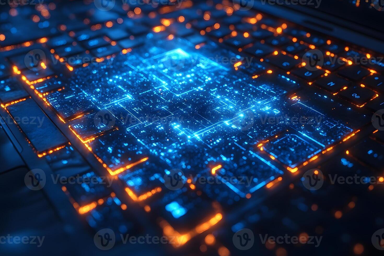 Futuristic Digital Technology Circuit Board on Keyboard for Innovative Designs photo