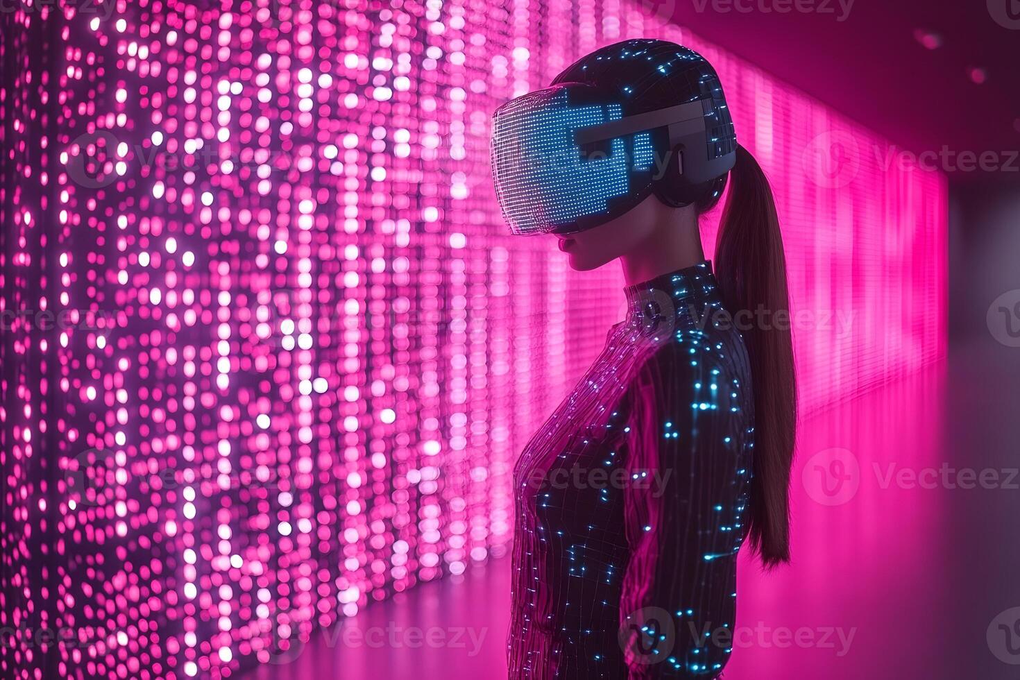 Futuristic Virtual Reality Experience in Neon Lights Technology and Immersive Gaming Design photo