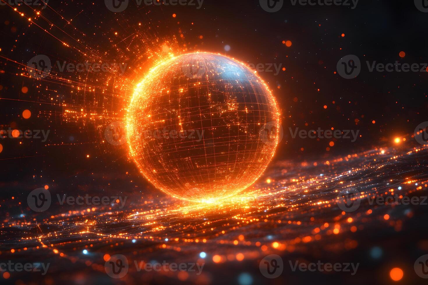 Futuristic Digital Globe with Glowing Orange Network Connections photo