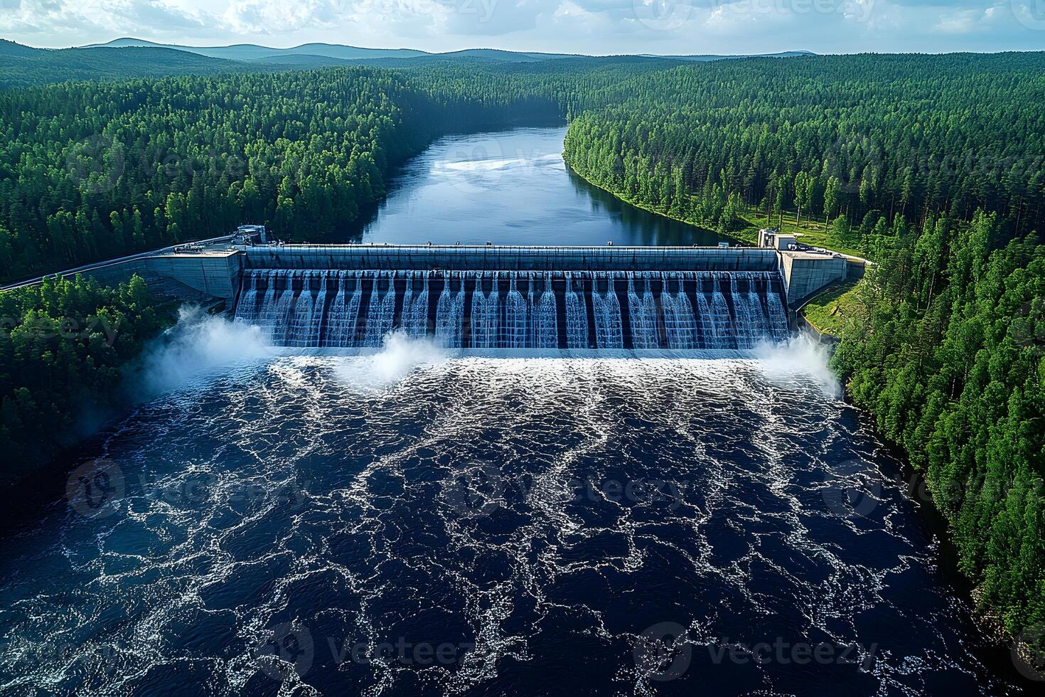 Aerial View of Majestic Dam in Lush Forest Landscape for Environmental Conservation photo