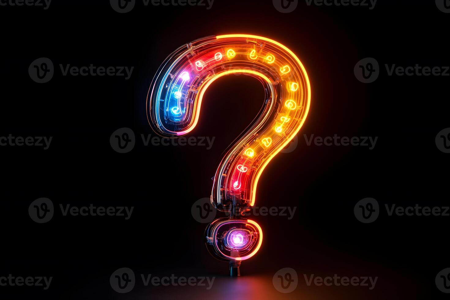 Neon Question Mark Sign Symbolizing Curiosity and Mystery Ideal for Poster Design photo