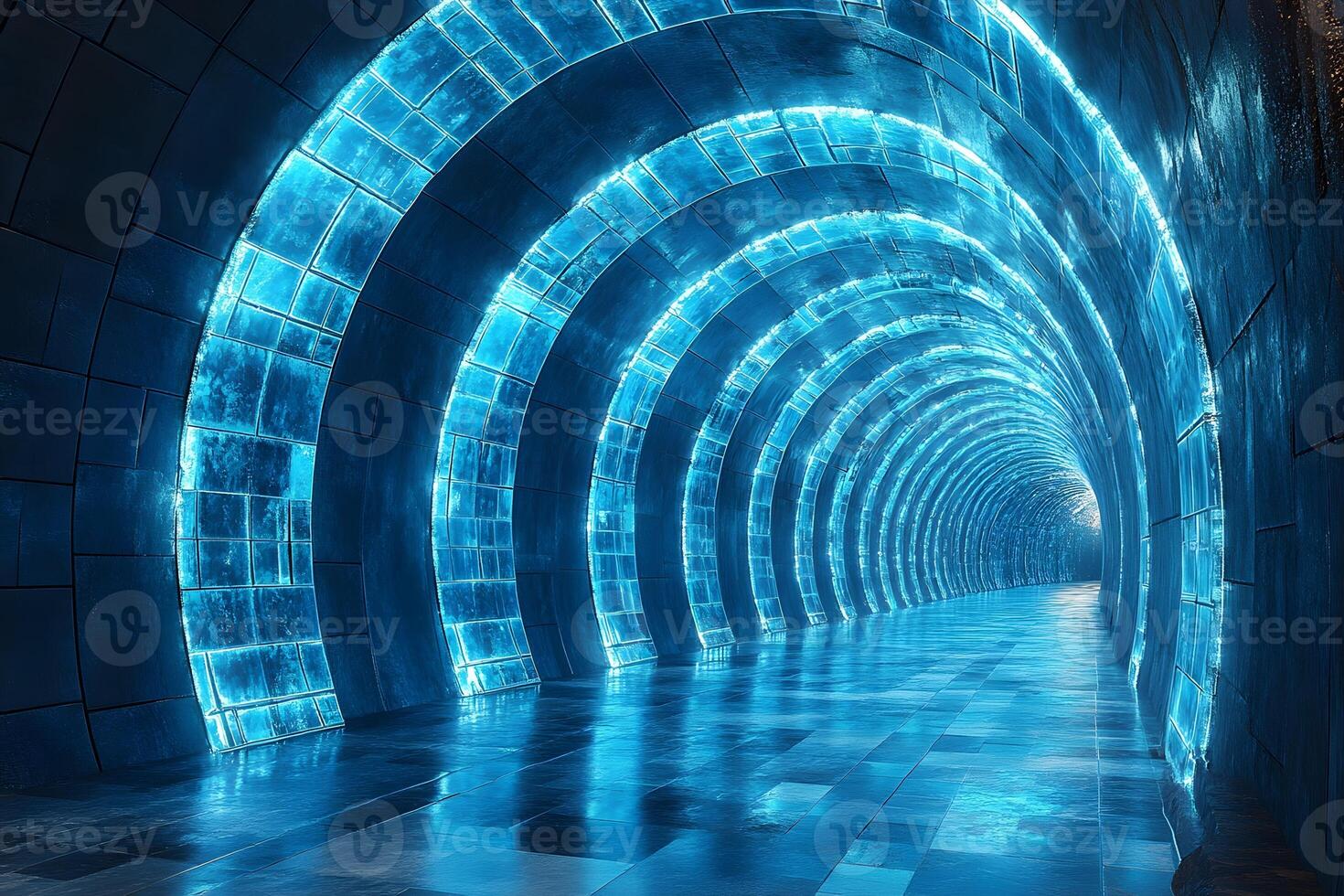 Futuristic Illuminated Tunnel with Blue Neon Arches for Digital Design Concept photo