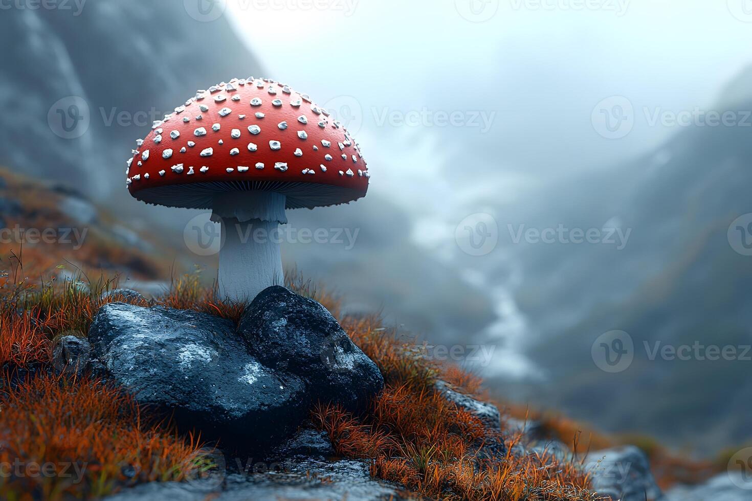 Enchanting Toadstool Mushroom in Misty Mountain Landscape for Nature and Fantasy Themes photo