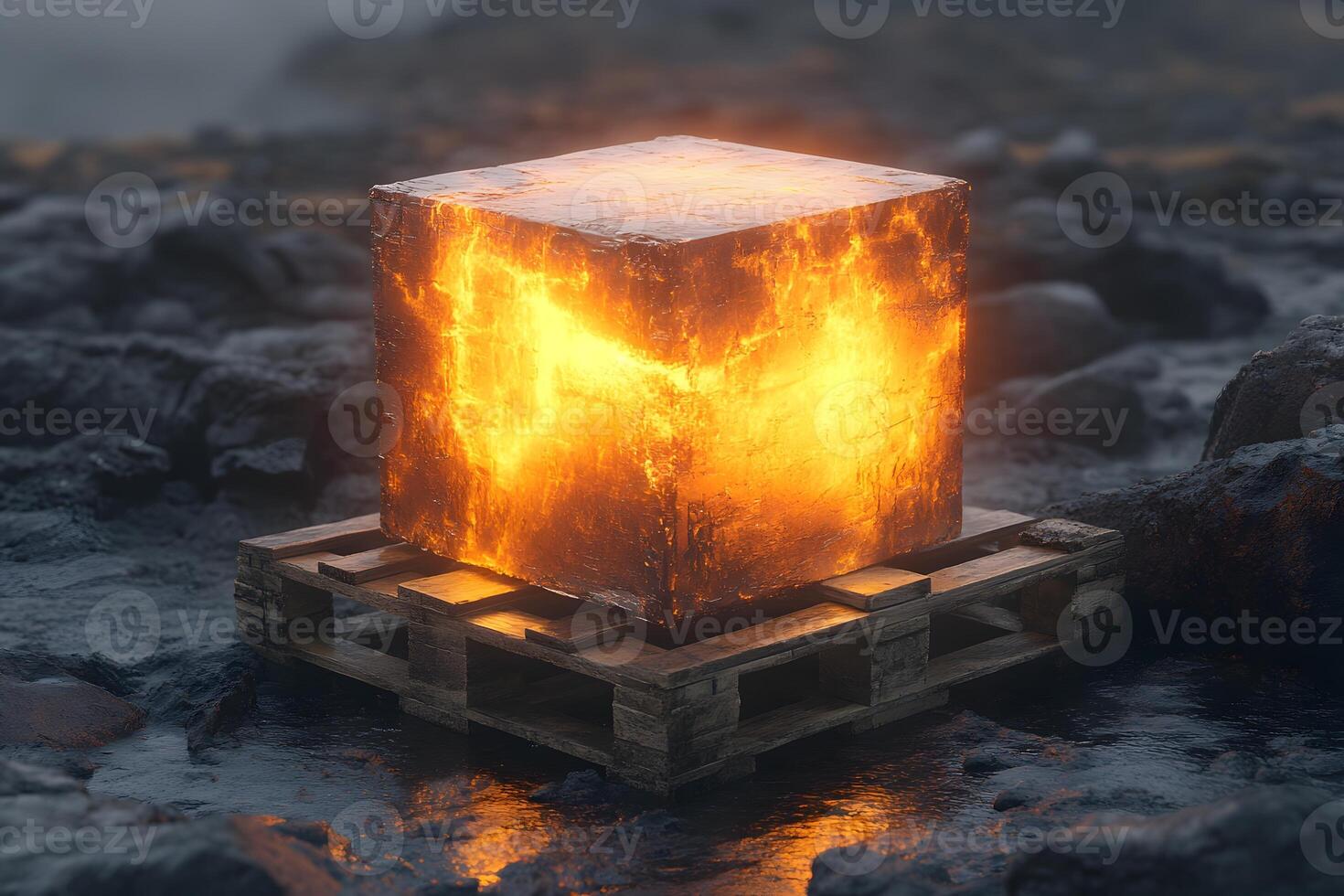Glowing Molten Cube on Wooden Pallet in Rugged Landscape for Unique Decor and Design photo