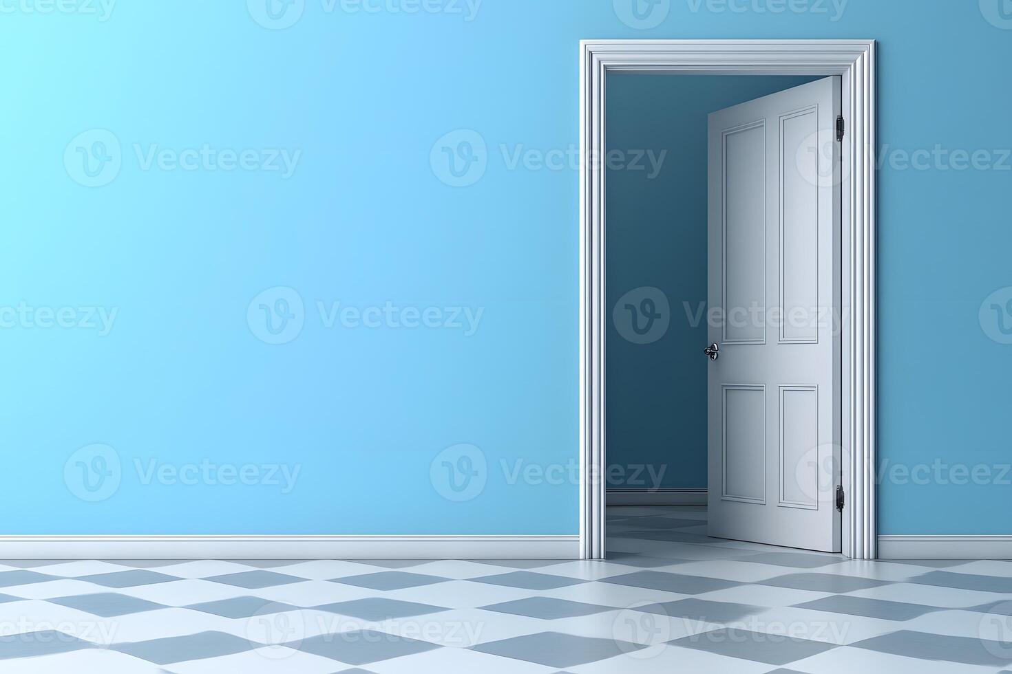 Open Doorway in Minimalist Blue Room with Checkered Floor Design photo