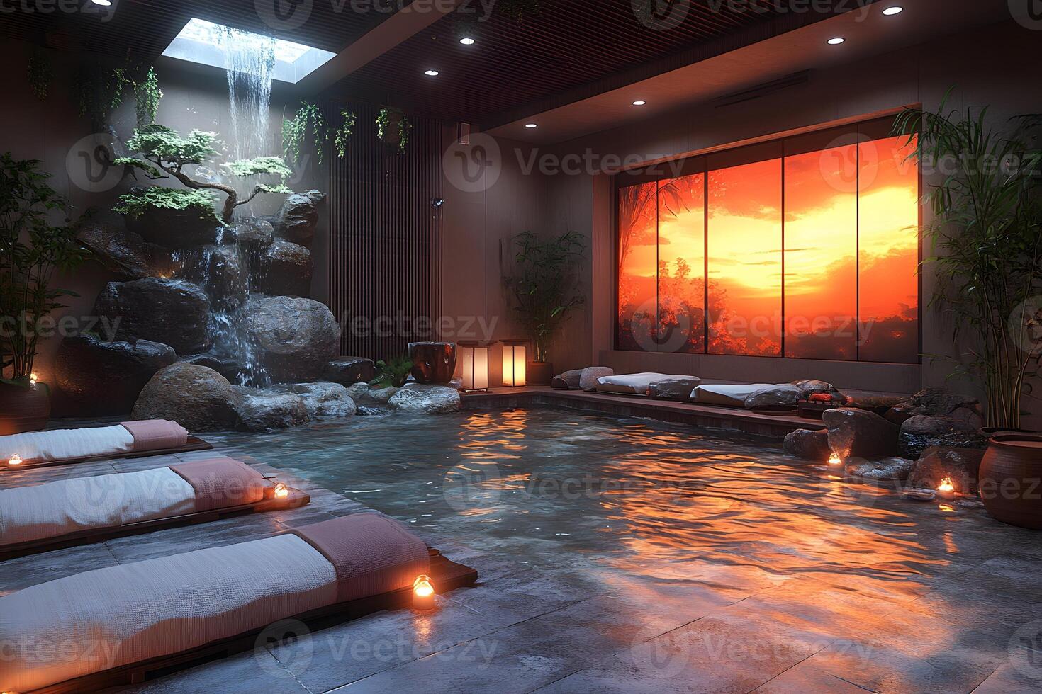 Tranquil Spa Retreat with Waterfall and Sunset Views for Relaxation and Wellness photo