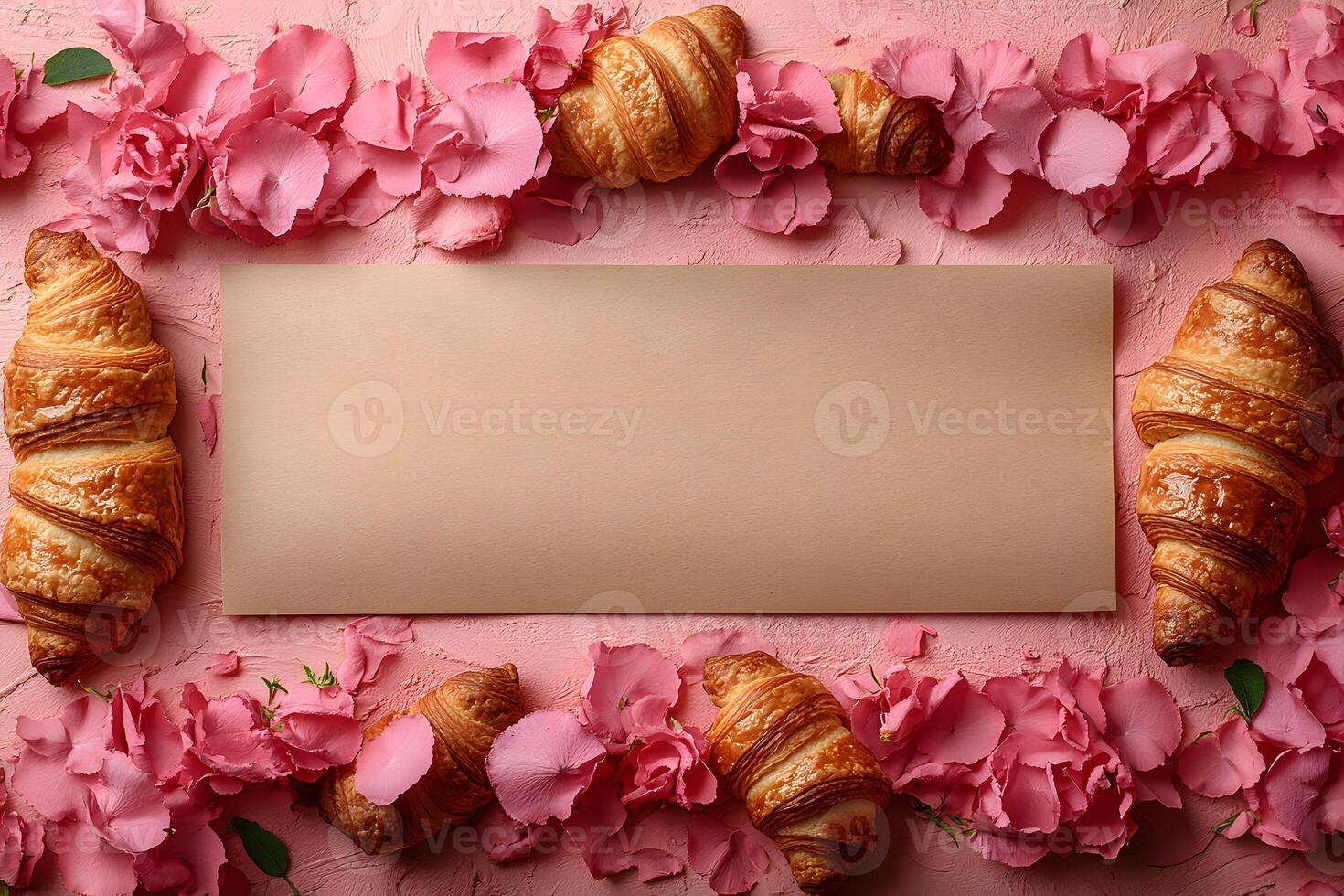 Elegant Croissant and Pink Floral Arrangement with Blank Card for Design photo