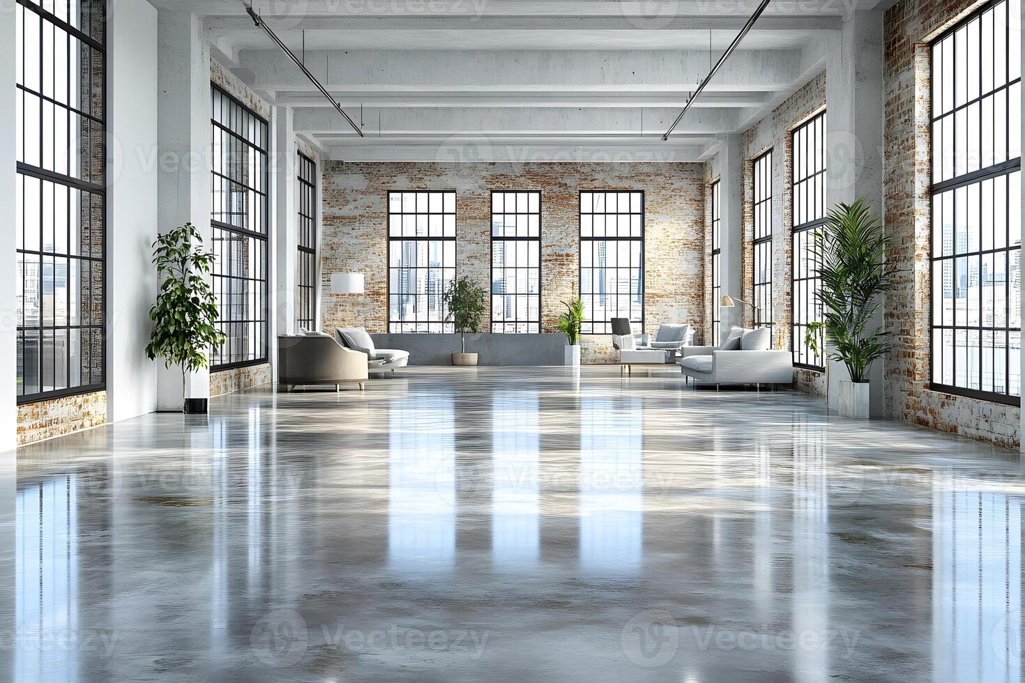 Modern Industrial Loft Interior with Large Windows and Minimalist Design photo