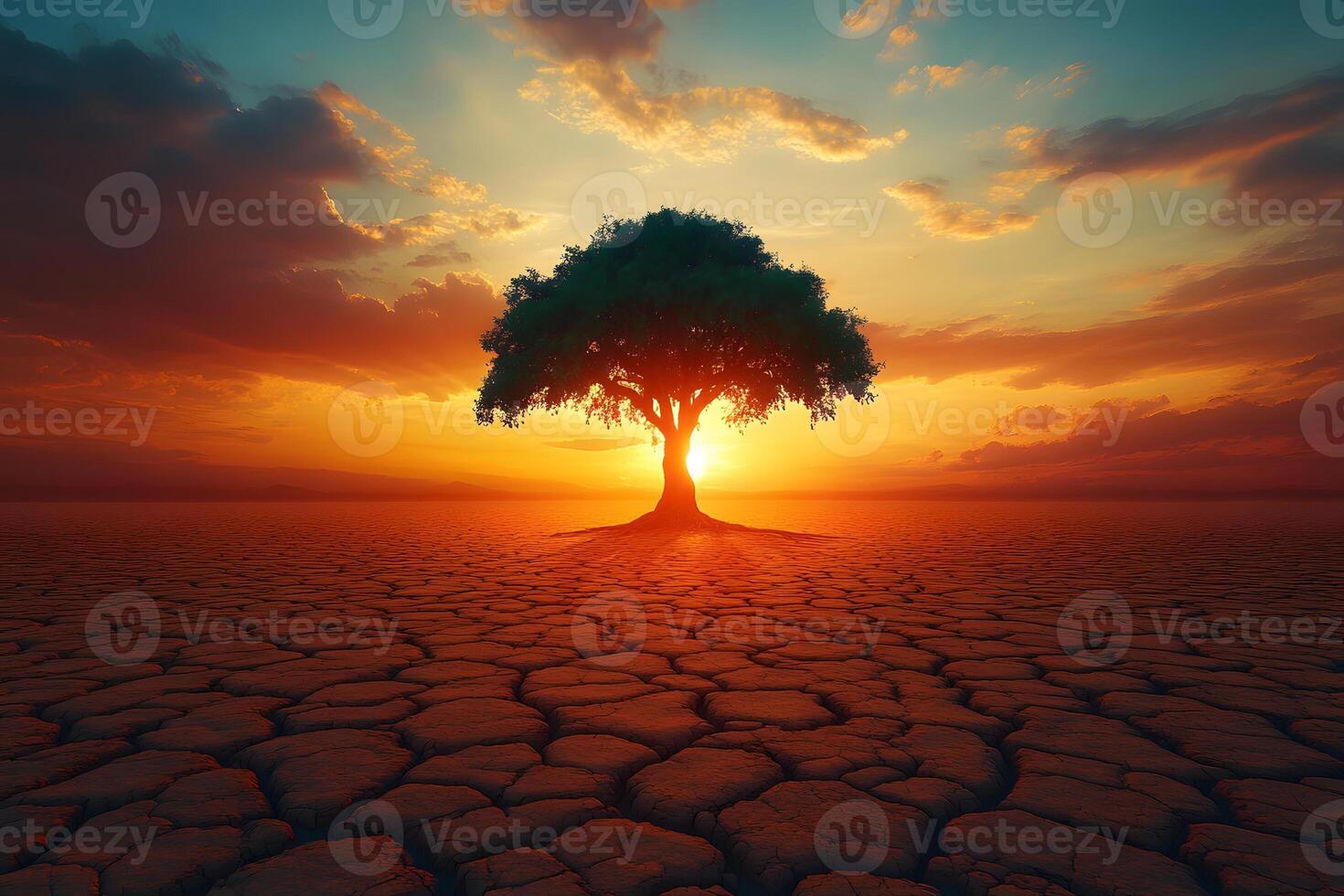 Solitary Tree at Sunset Overlooking a Vast Cracked Earth Landscape - Serenity and Resilience in Nature photo