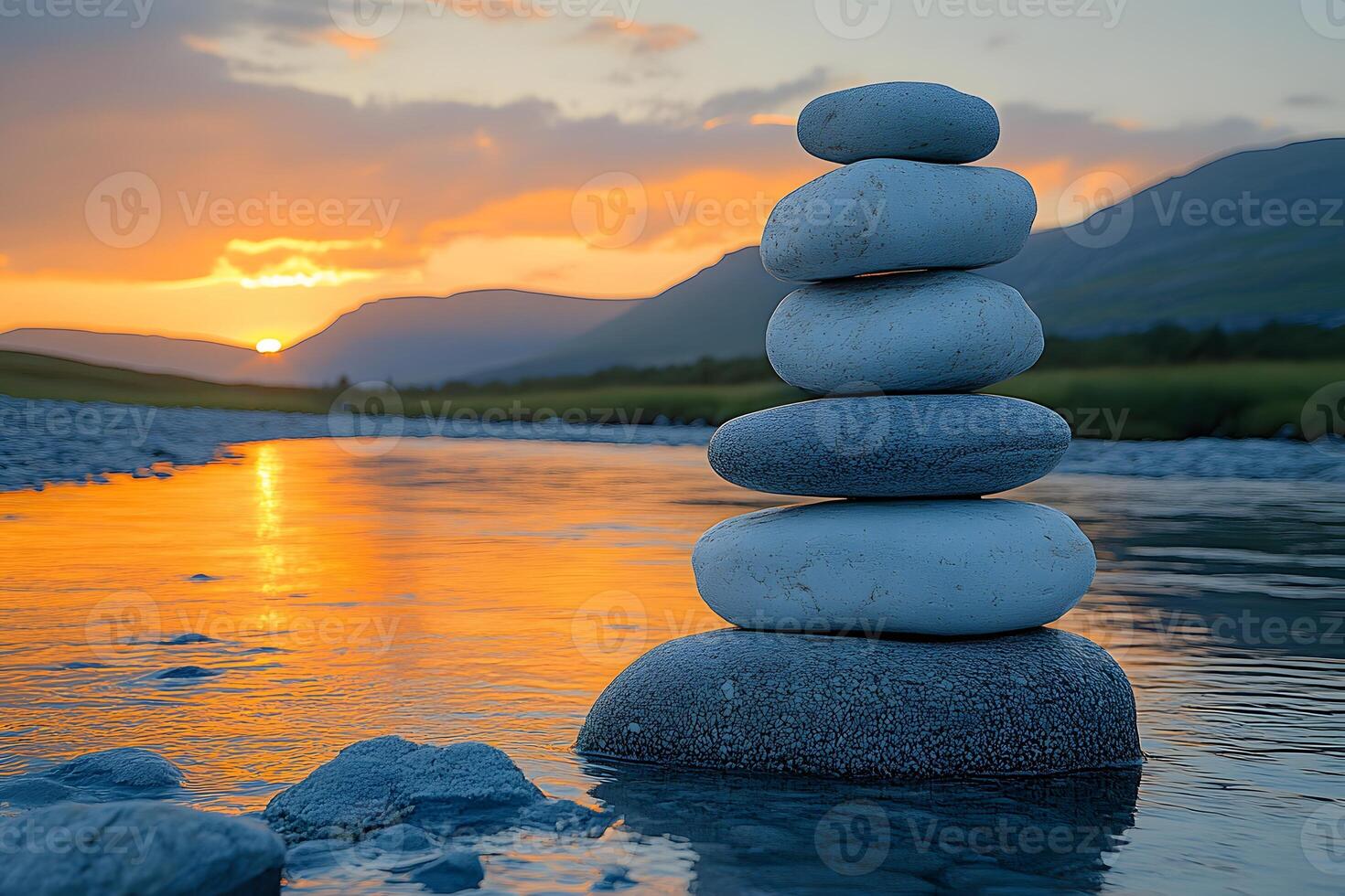 Tranquil Stone Stack at Sunset Reflecting in Serene River Landscape photo