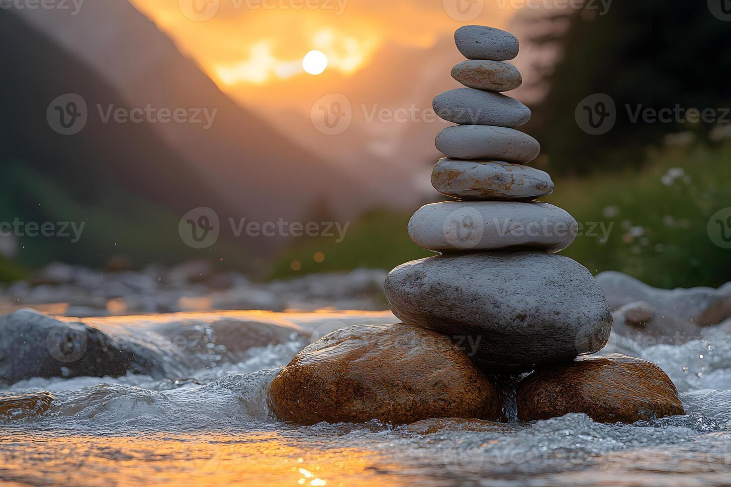 Serene Sunset Over Rocky River with Balanced Zen Stones for Tranquility and Meditation Design photo