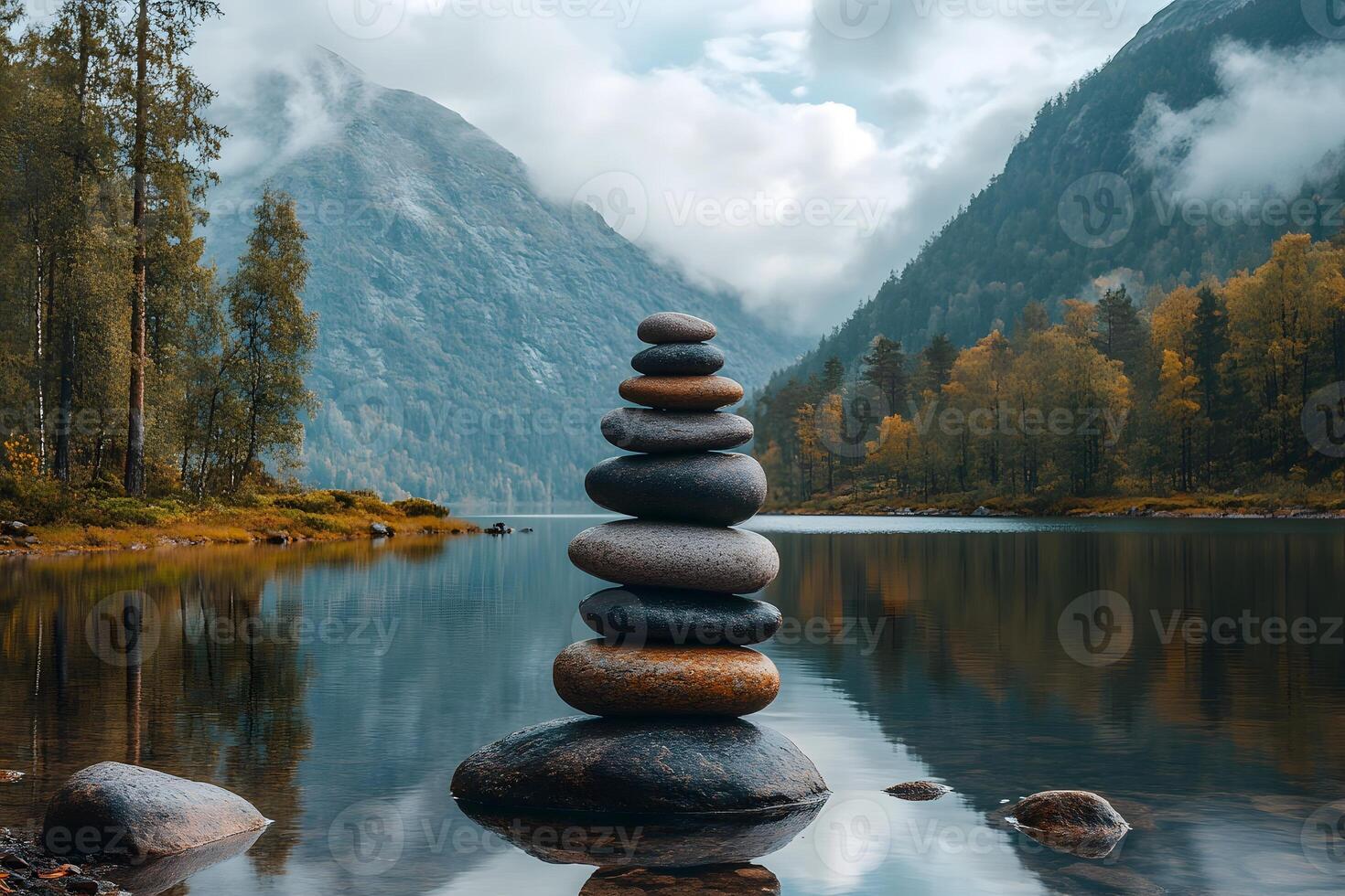 Tranquil Mountain Lake with Balanced Stone Cairn for Zen Meditation and Nature Relaxation photo