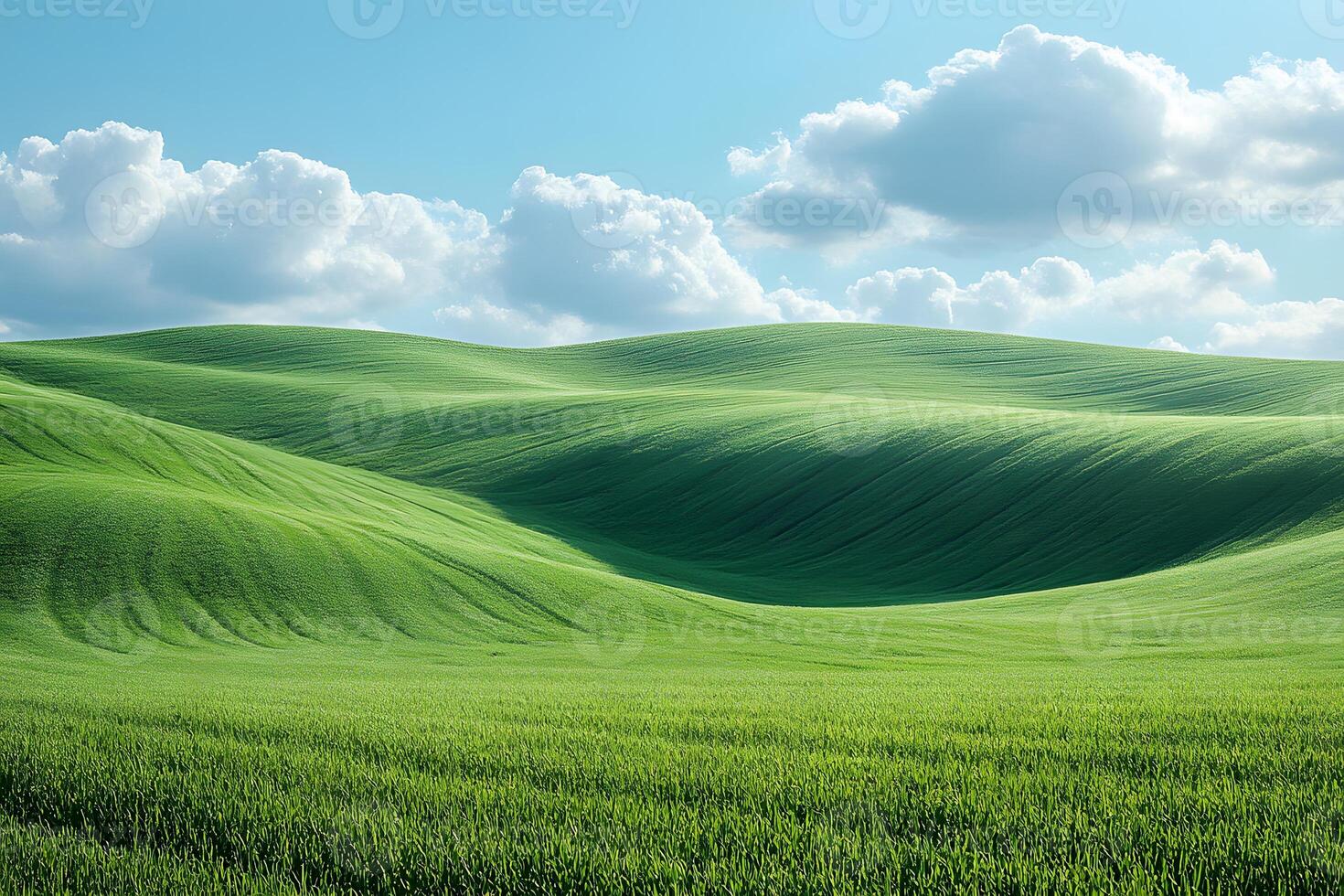 Idyllic Summer Landscape with Rolling Green Hills and Fluffy Clouds photo
