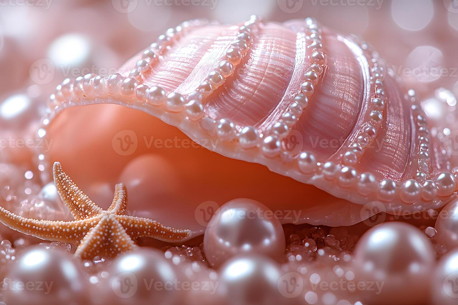 Elegant Pink Seashell with Pearls and Starfish - Oceanic Decoration for Coastal Design and Inspirations photo
