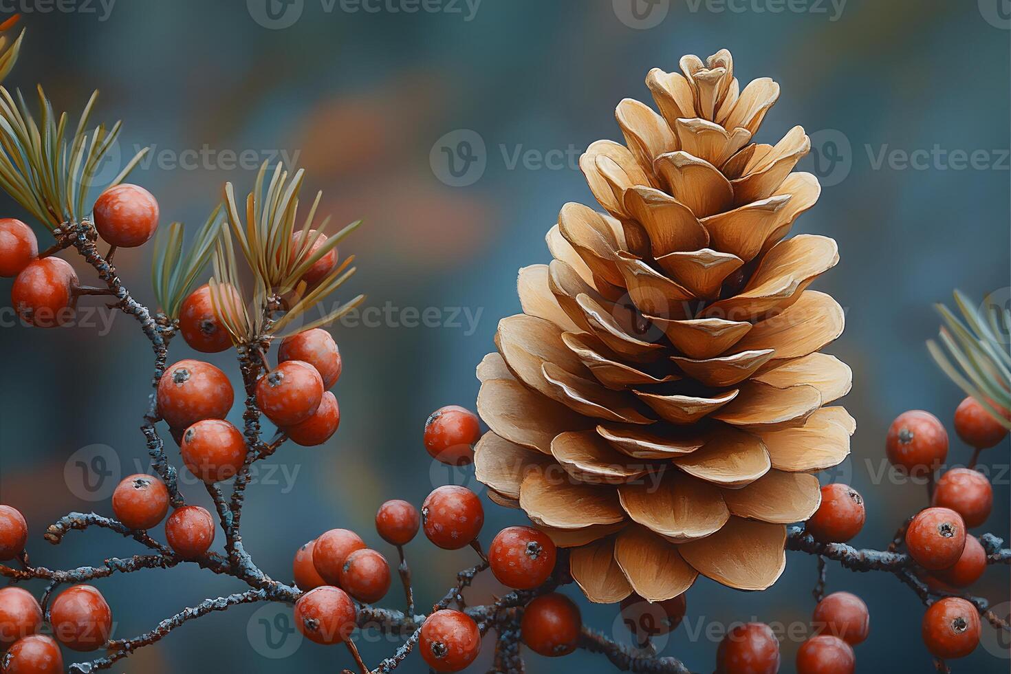 Autumn Pinecone and Berries on Branch Nature's Seasonal Design for Posters and Prints photo