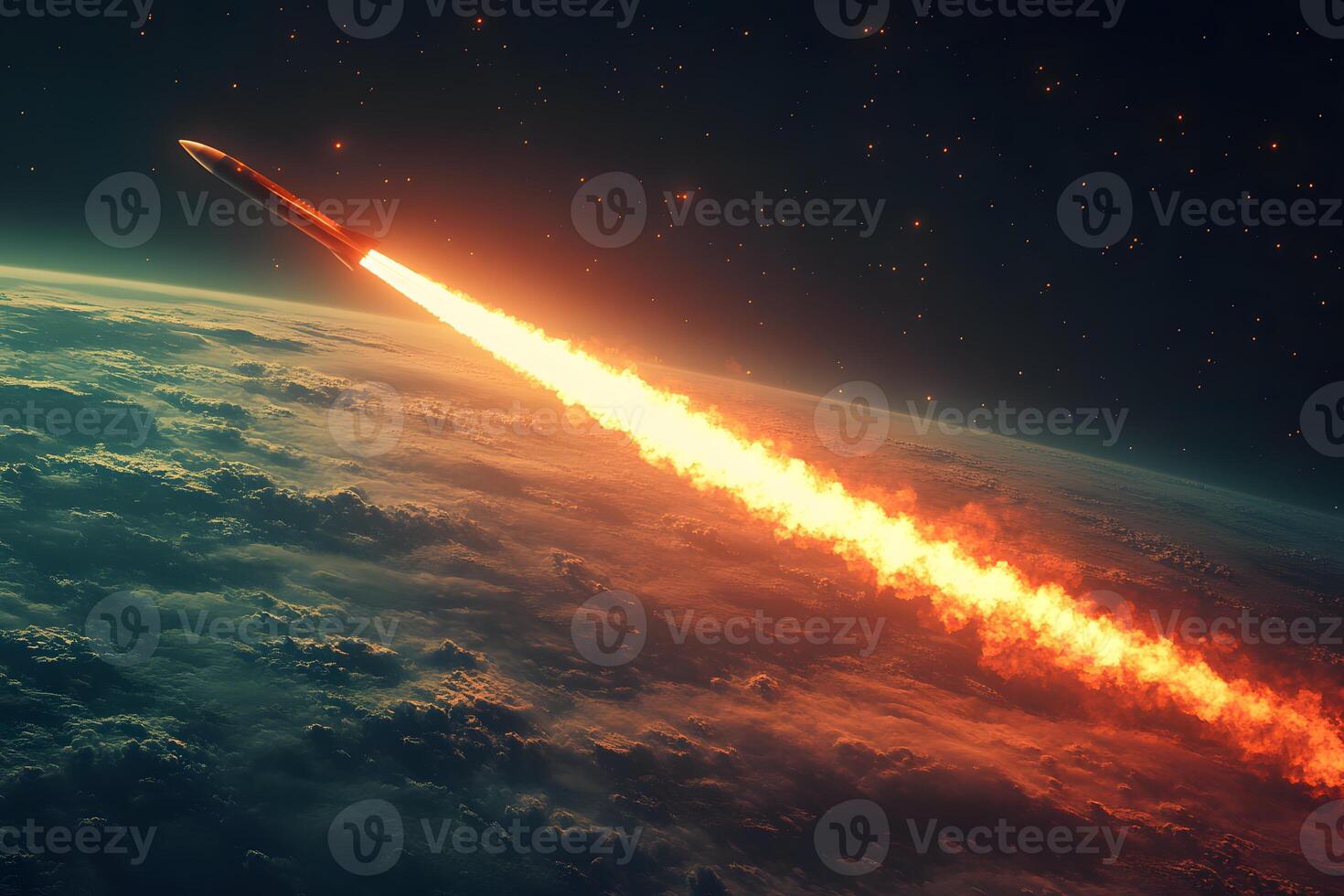Rocket Launch into Space with Fiery Trail Above Earth Atmosphere photo