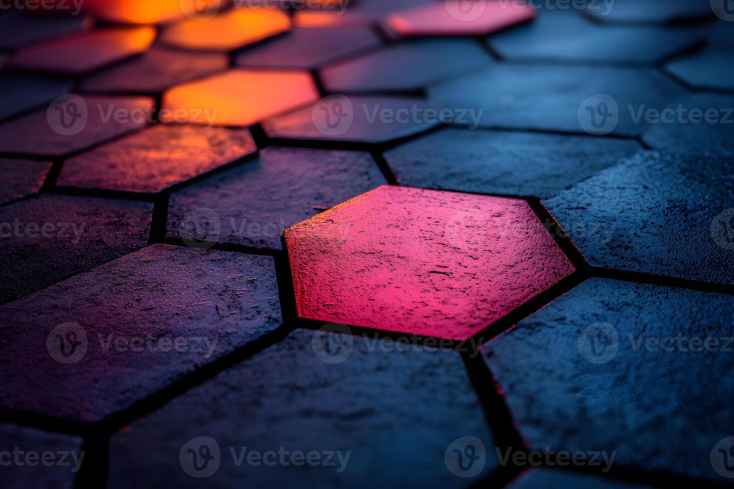 Abstract Geometric Pattern with Hexagonal Tiles and Vibrant Lighting photo