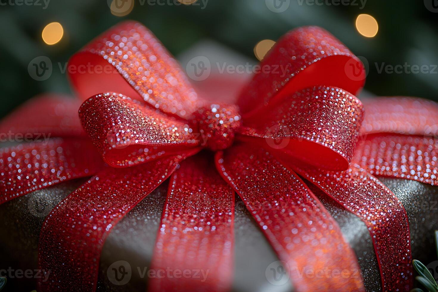Sparkling Red Bow on Gift Box Perfect for Christmas and Festive Celebrations photo
