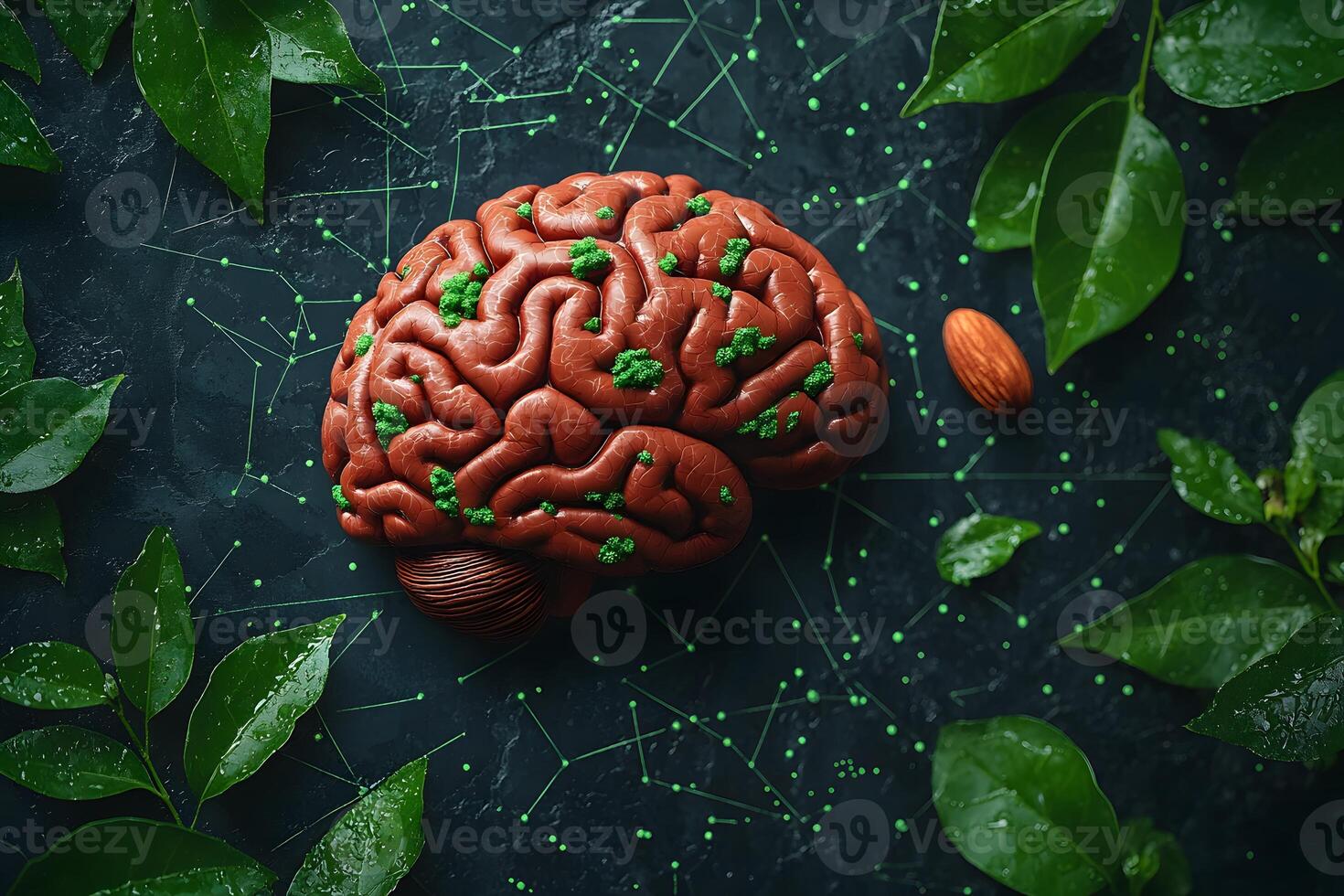 Creative Concept of Healthy Mind with Nutritious Brain and Fresh Leaves for Wellness Design photo