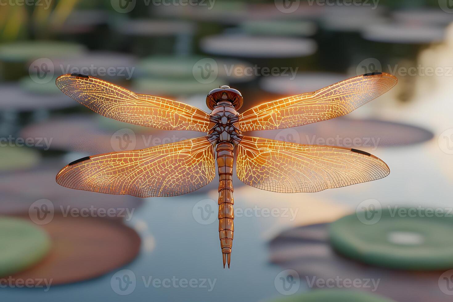 Dragonfly in Flight Over Peaceful Pond at Sunset Nature Photography for Posters photo