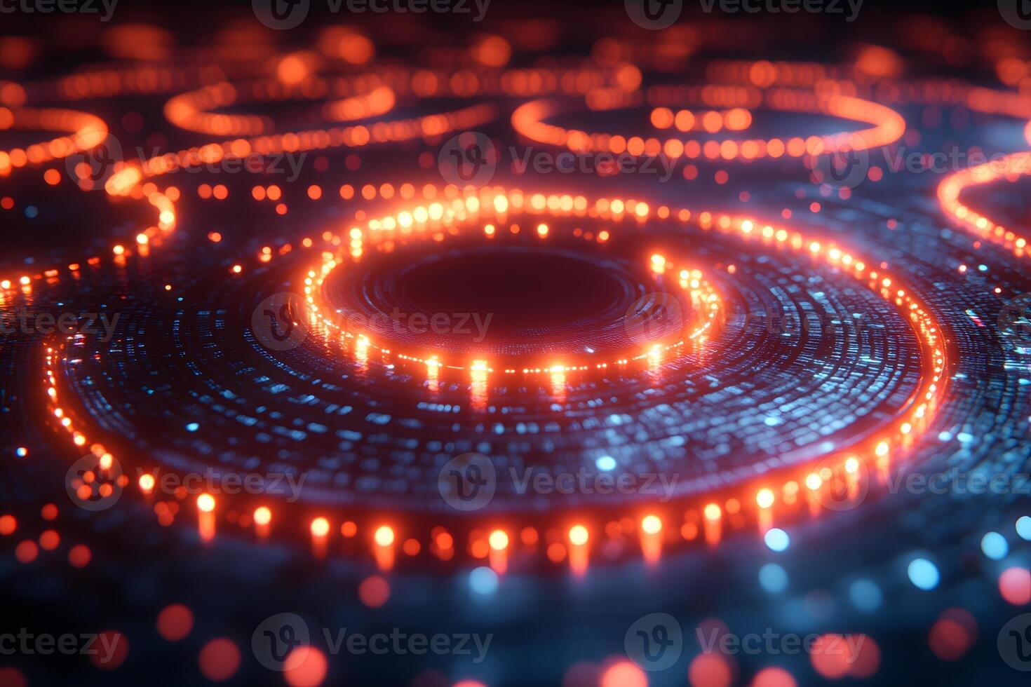 Futuristic Neon Light Patterns Creating Hypnotic Circular Designs in a Digital Landscape photo