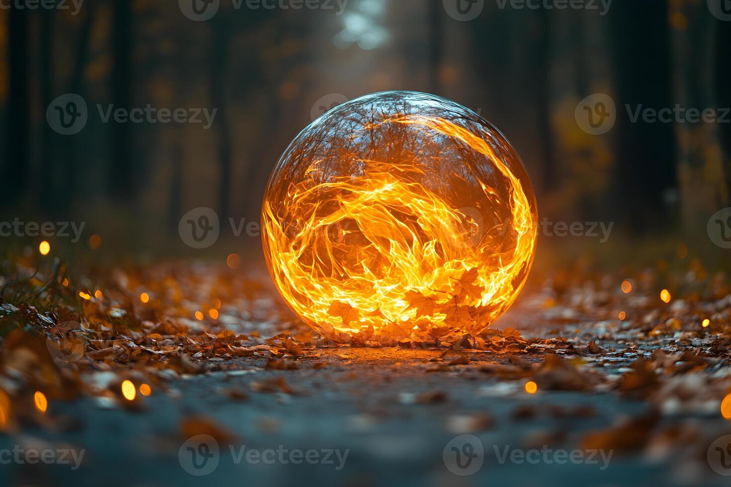 Mystical Orb of Fire in Enchanted Forest for Fantasy Themes and Poster Design photo