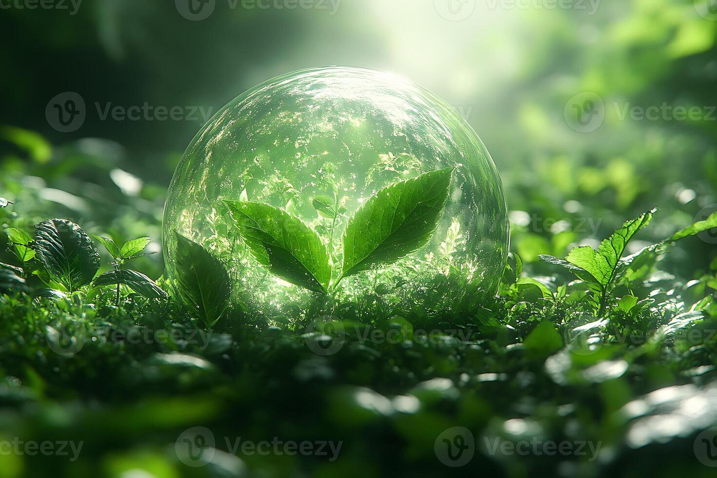 Eco-Friendly Concept Leaf in a Transparent Sphere Amidst Lush Greenery photo