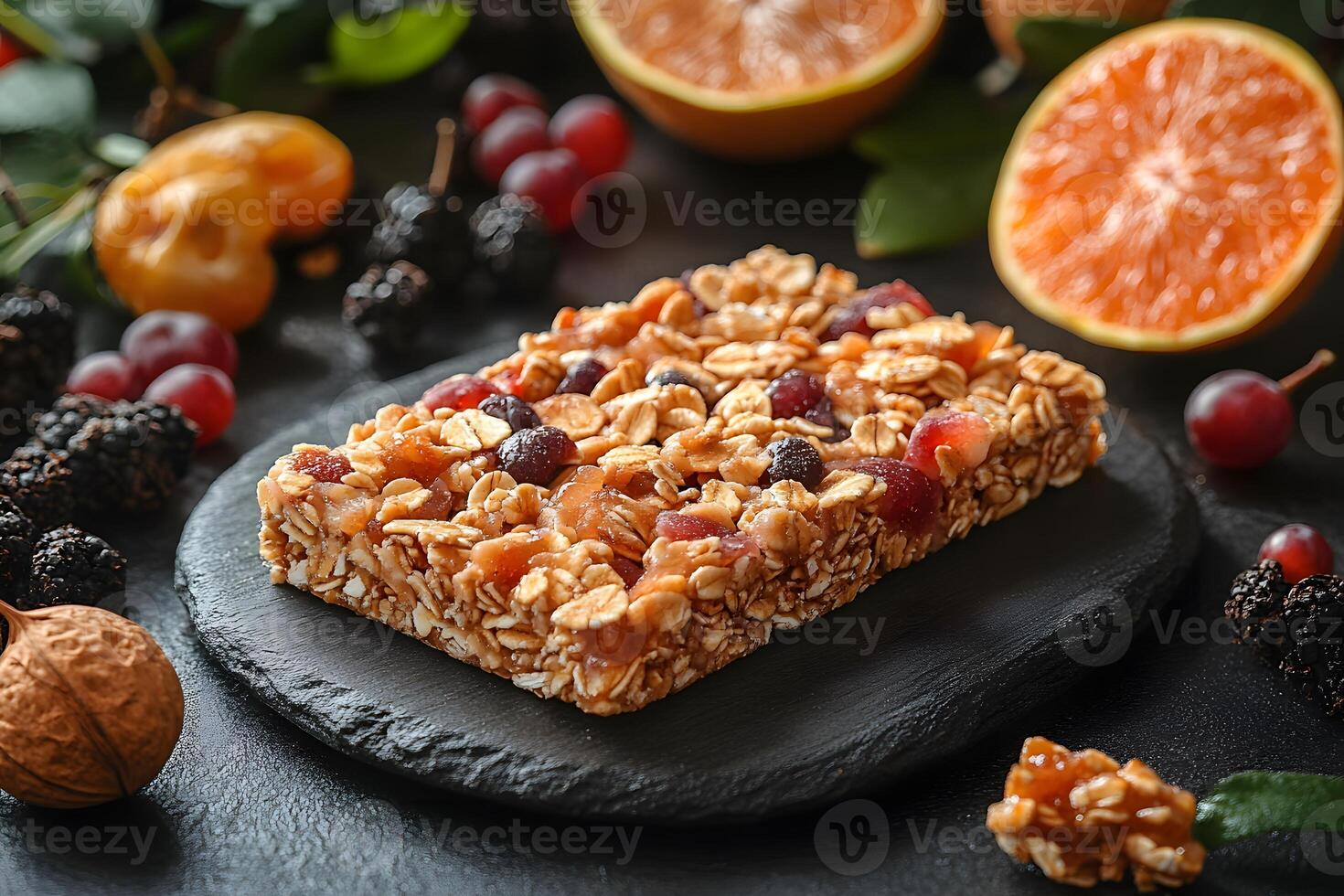 Healthy Fruit and Nut Granola Bar with Fresh Citrus and Berries on Slate Plate photo