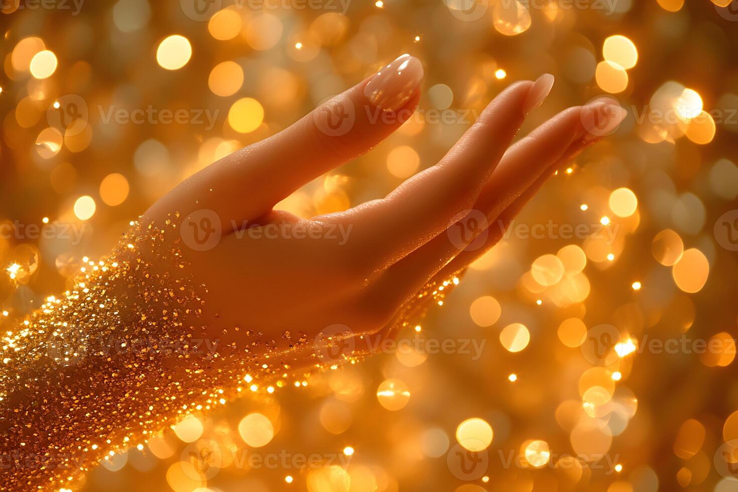Glittering Hand with Golden Sparkles in Radiant Bokeh Background for Festive Design photo