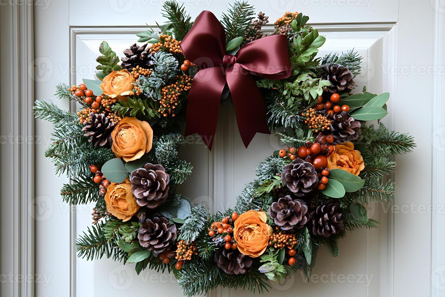Festive Holiday Wreath with Pinecones and Orange Flowers for Christmas Decoration photo