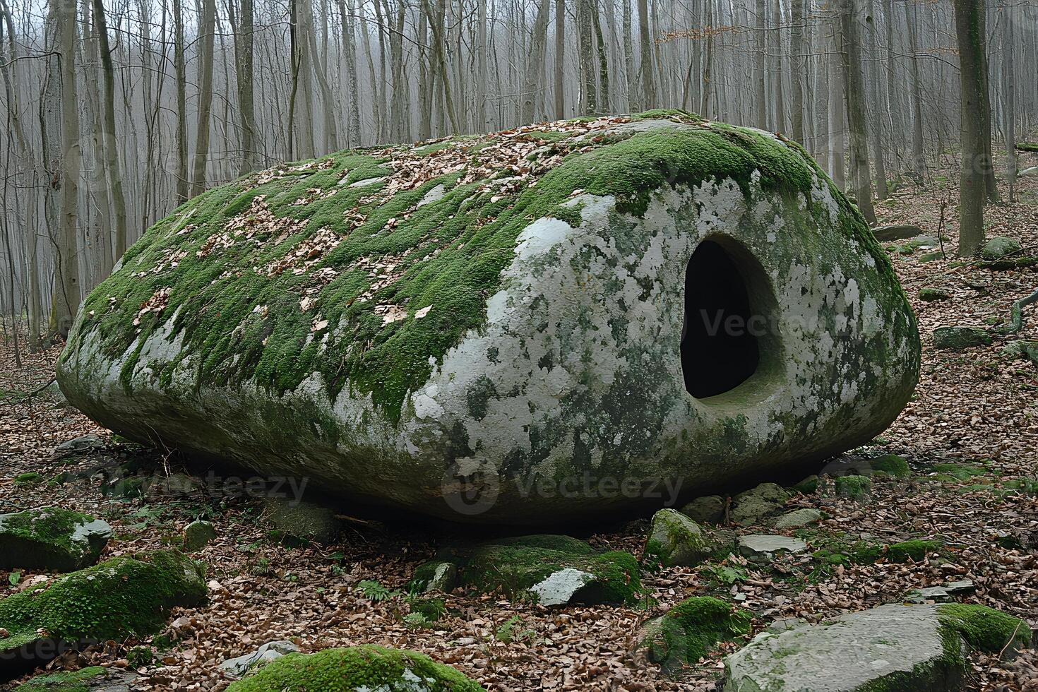 Ancient Moss-Covered Rock Shelter in Tranquil Forest Setting for Nature Exploration photo