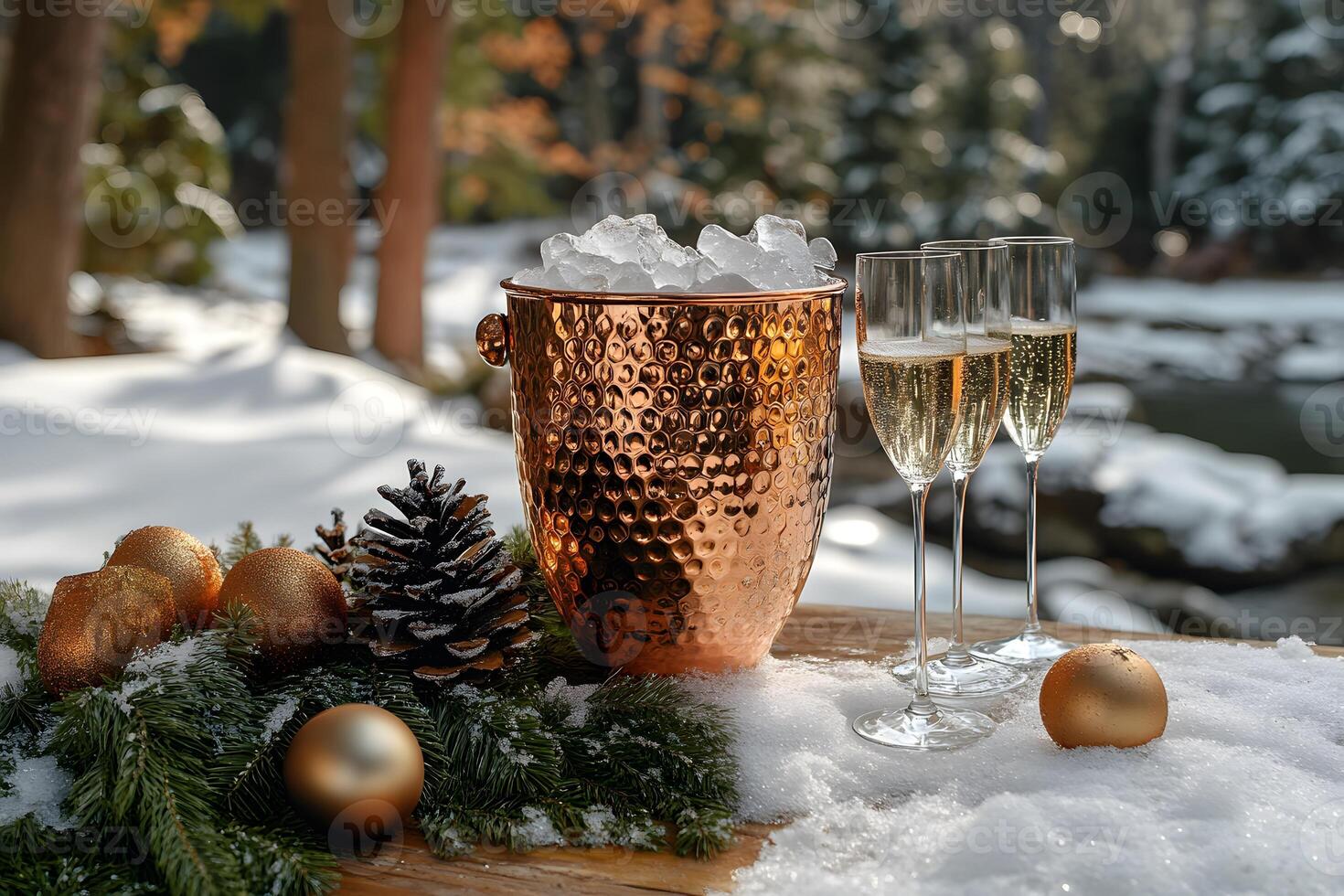 Winter Celebration Outdoors with Champagne and Festive Decorations in Snowy Forest Setting photo
