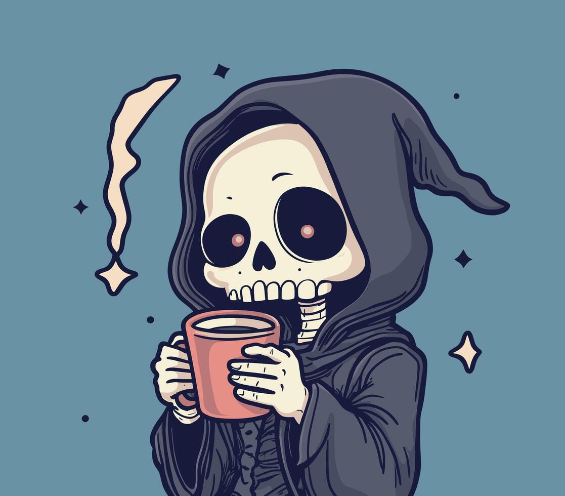 Cute Skeleton Illustration Holding Coffee vector
