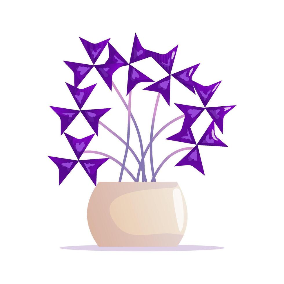 An elegant illustration of an Oxalis triangularis plant, featuring vibrant purple leaves and delicate pink flowers in a decorative pot. Ideal for botanical art, home decor. vector