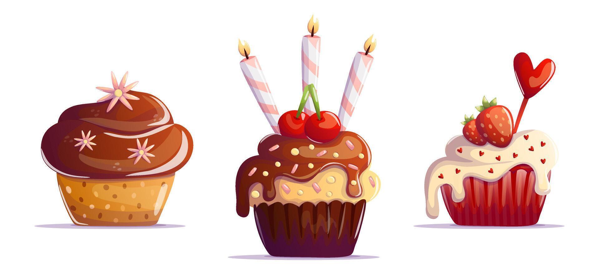A delightful set of cartoon-style cupcakes with vibrant decorations, perfect for food-themed designs, birthday celebrations, and fun, cheerful projects. vector