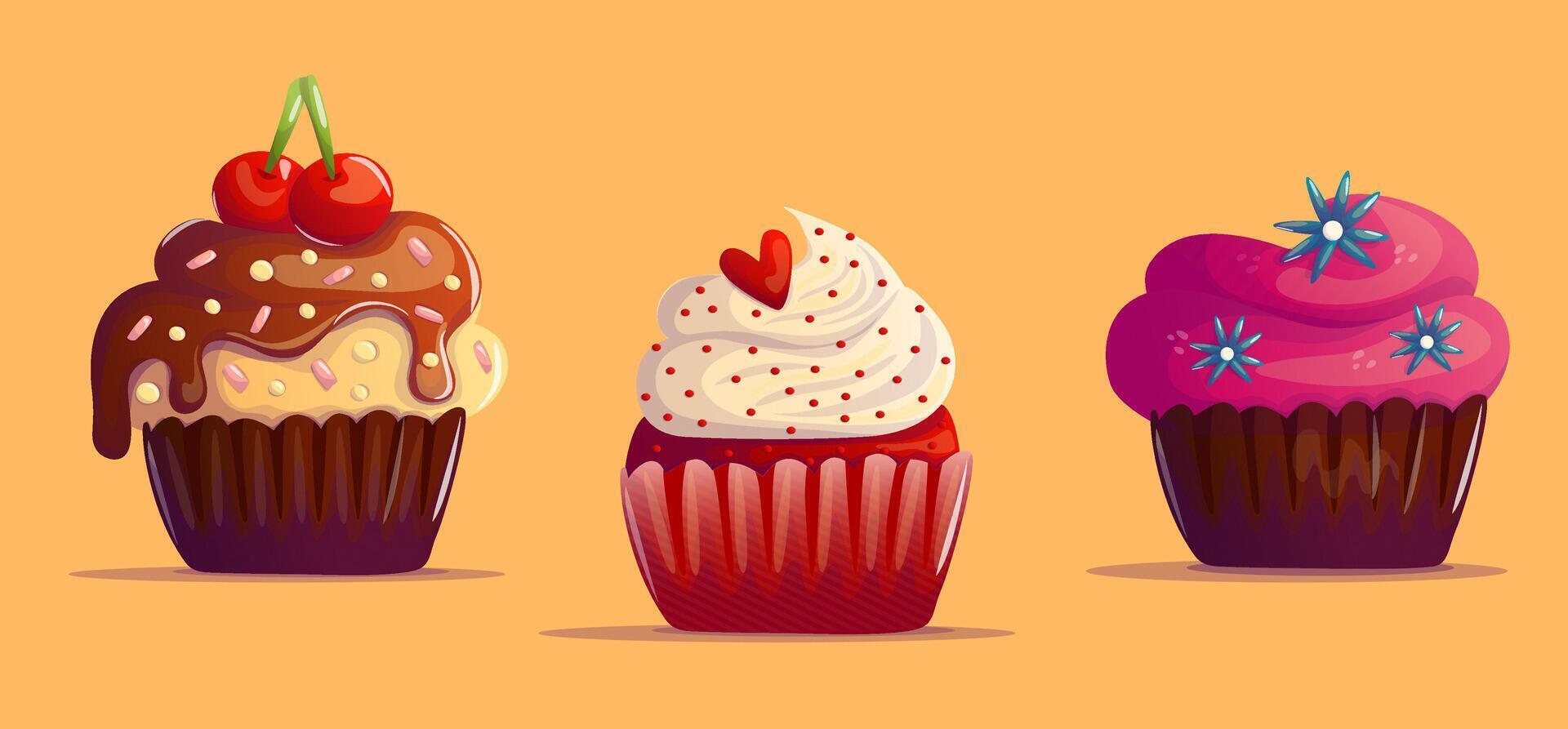 A charming collection of cartoon-style sweet cupcakes with playful decorations, ideal for party themes, dessert designs, and whimsical illustrations. vector